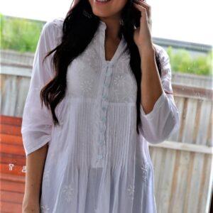 White cotton top with hand embroidery and knife pleating