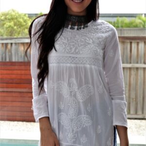 White cotton top with embroidered bodice and laced waistline